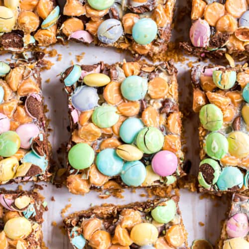 Magic cookie bars cut into squares.