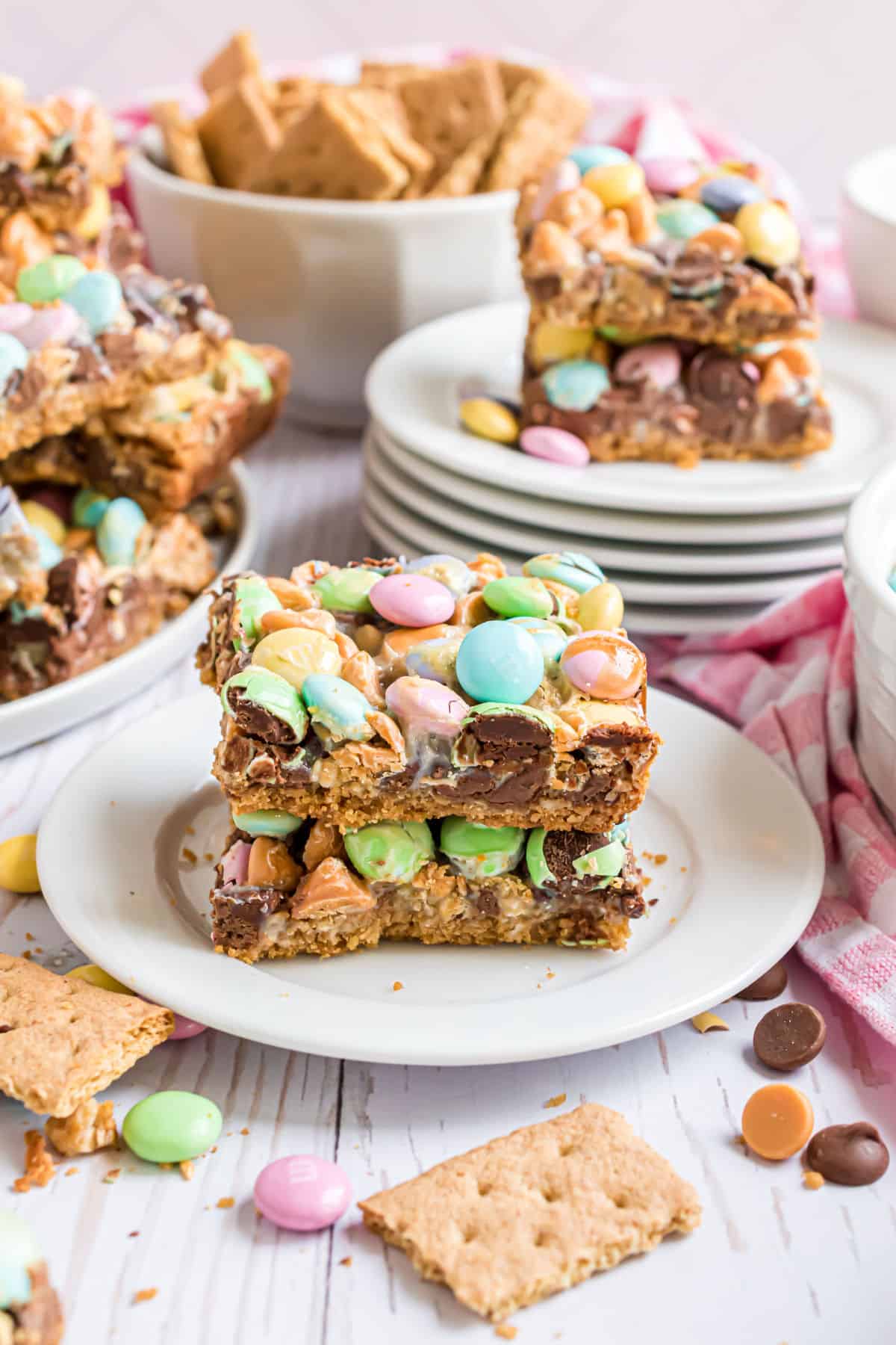 Two magic bars stacked on a white plate.