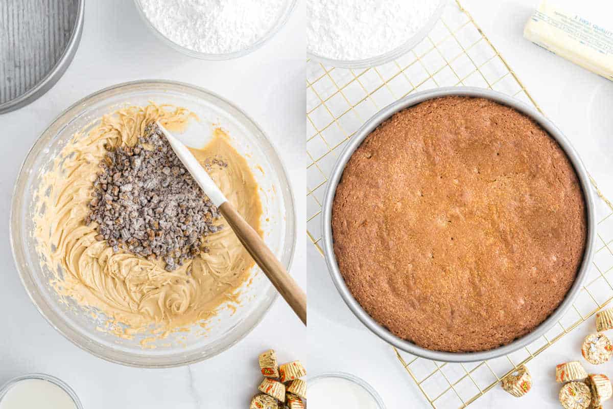 Left: Mixing bowl with dough and chocolate; right: round baked Reese's peanut butter cake in a pan on a cooling rack.
