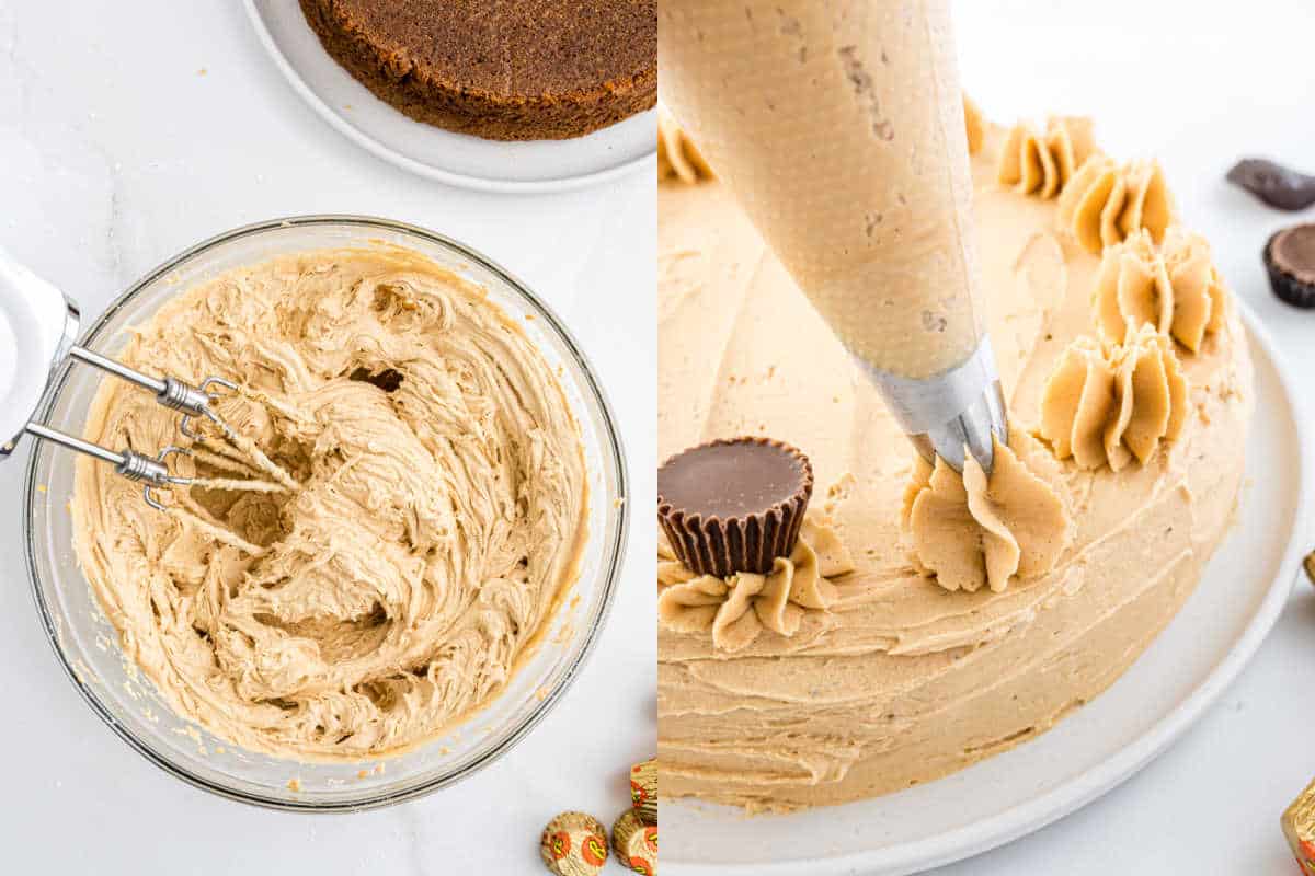 A bowl of peanut butter frosting and a cake being decorated with the frosting and mini peanut butter cups for a delicious Reese's peanut butter cake.