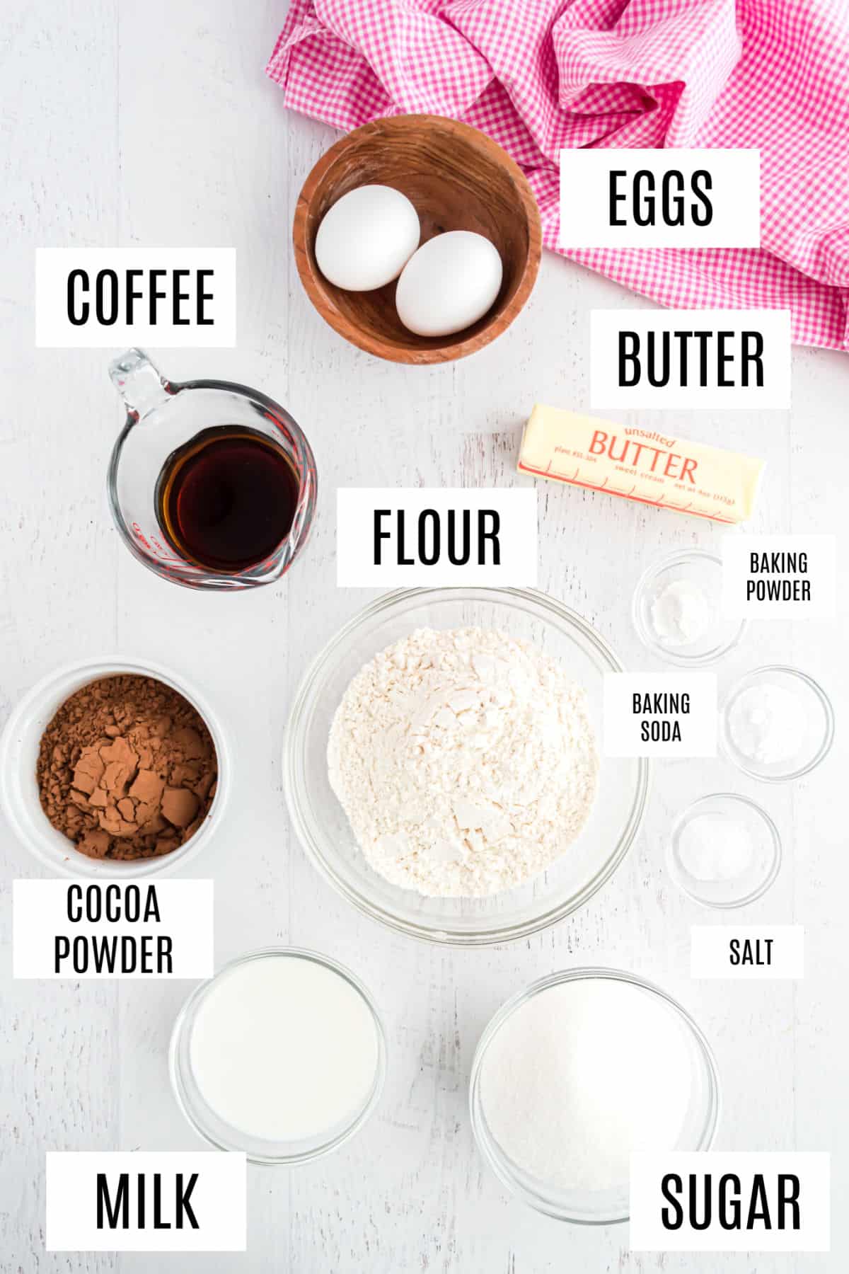 Ingredients needed to make the most amazing chocolate cake recipe.