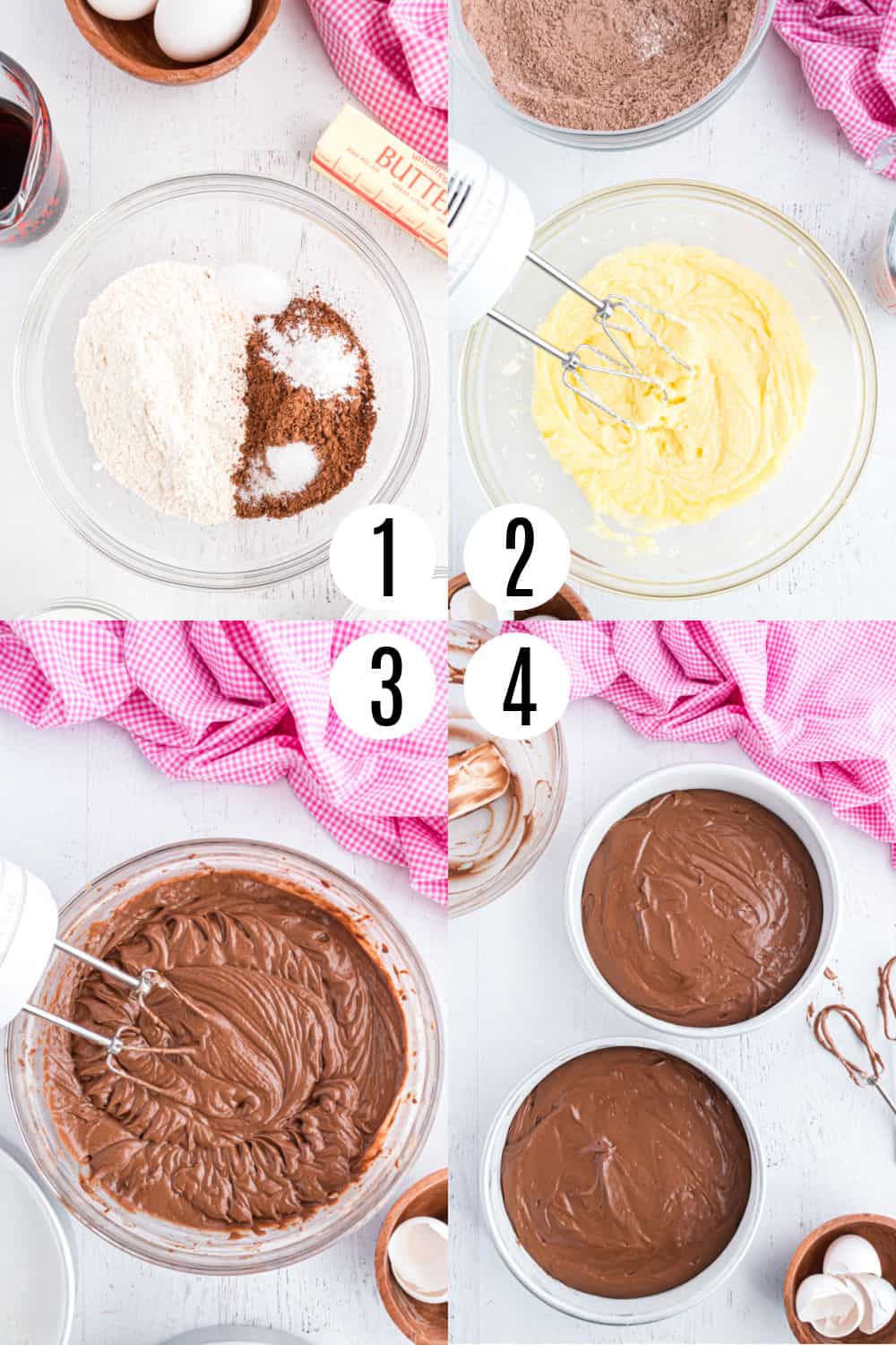 Step by step photos showing how to make a chocolate cake.