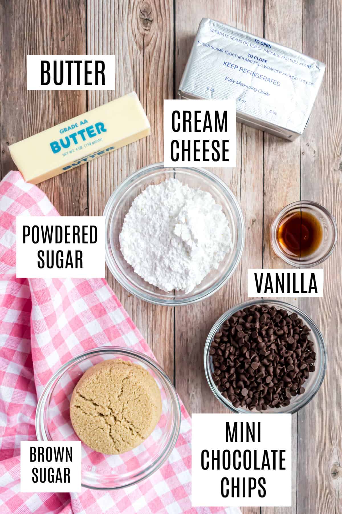 Ingredients needed to make cookie dough dip.