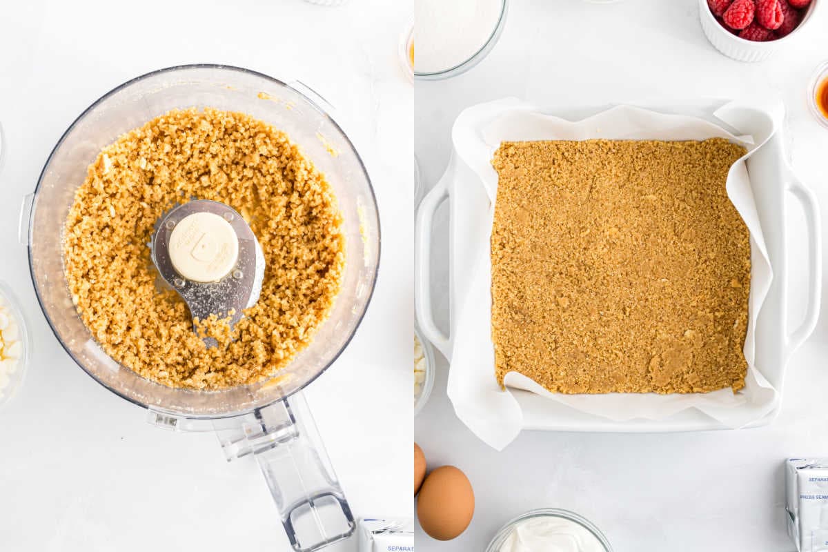 Food processor with crumb mixture for lemon raspberry cheesecake bites; crumb crust pressed in a parchment-lined baking pan, surrounded by ingredients.