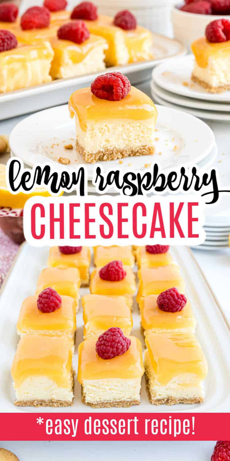 Lemon raspberry cheesecake bites and bars topped with fresh raspberries, beautifully arranged on plates and trays, with a stylish text overlay.