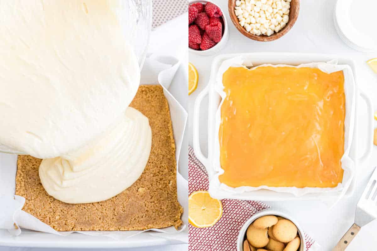 Left: Cheesecake filling poured onto crust. Right: Lemon topping spread on cheesecake in a pan, with ingredients nearby—perfect steps for making lemon raspberry cheesecake bites.