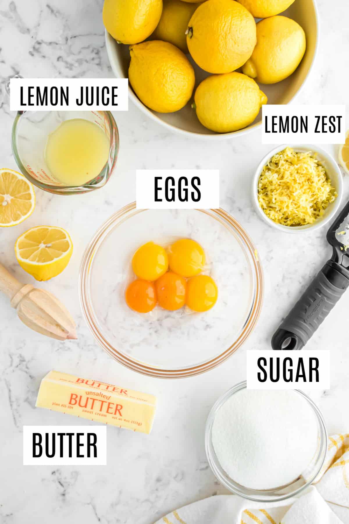 Ingredients needed for homemade lemon curd.