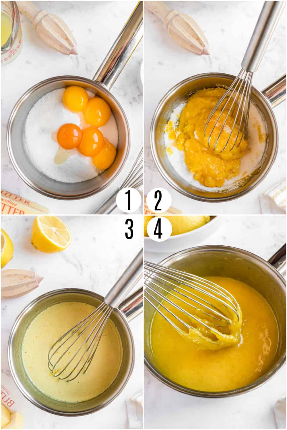 Step by step photos showing how to make homemade lemon curd.