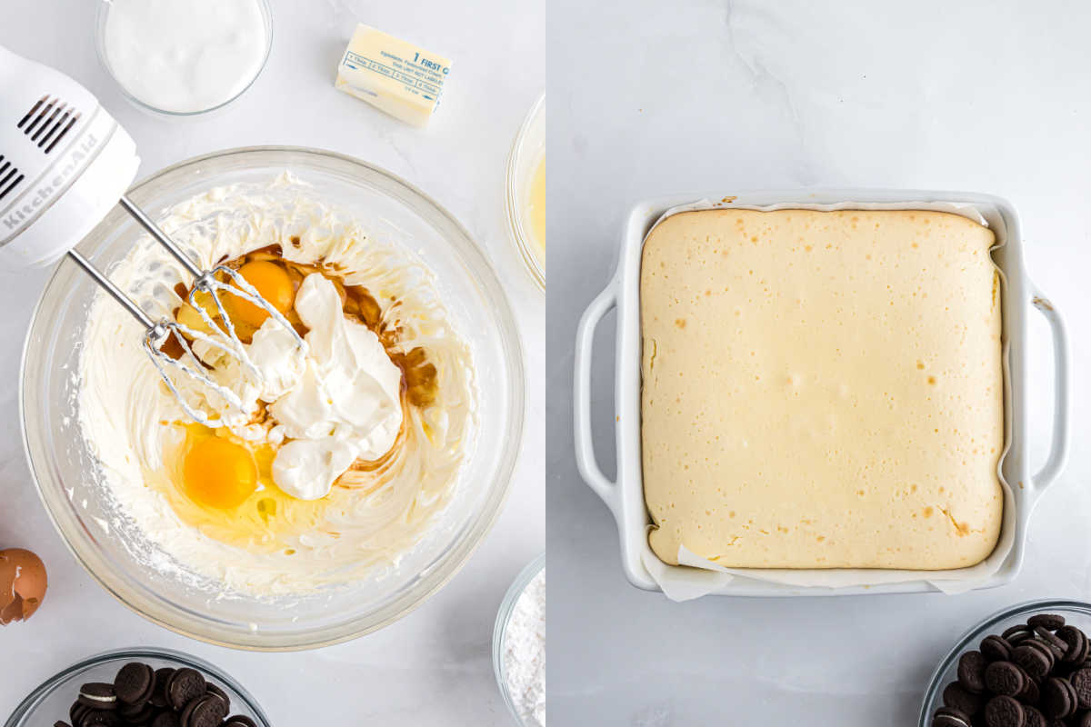 A mixer blending cheesecake ingredients for Oreo cheesecake bites and a baked cheesecake in a white square dish, viewed from above.