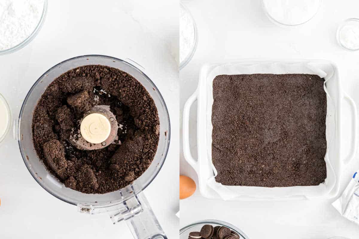 Split image: Left shows crushed chocolate cookies in a food processor for oreo cheesecake bites; right shows the mixture pressed into a baking dish.