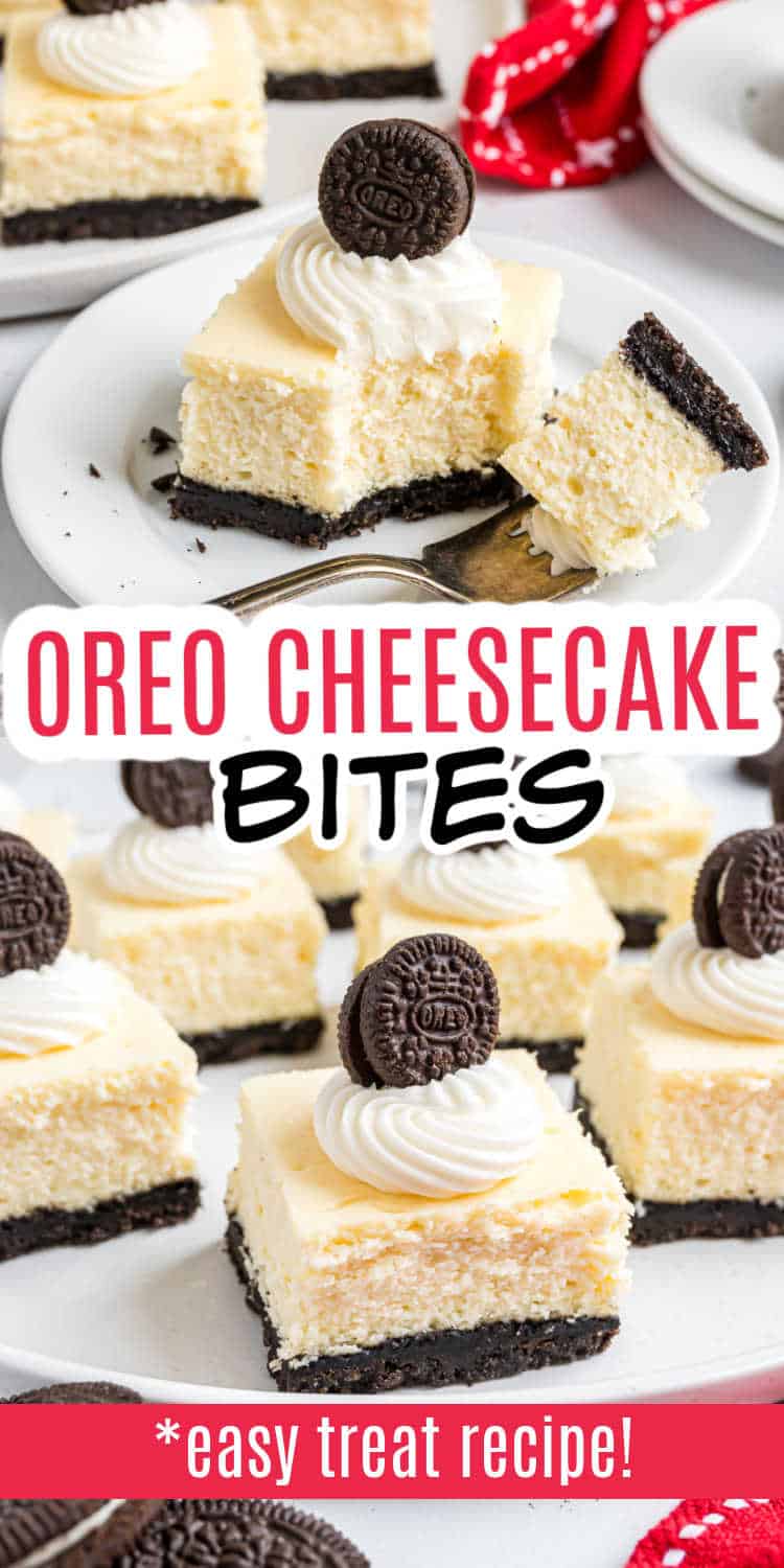 Oreo cheesecake bites topped with whipped cream and mini Oreo cookies, beautifully arranged on white plates for a delicious treat.