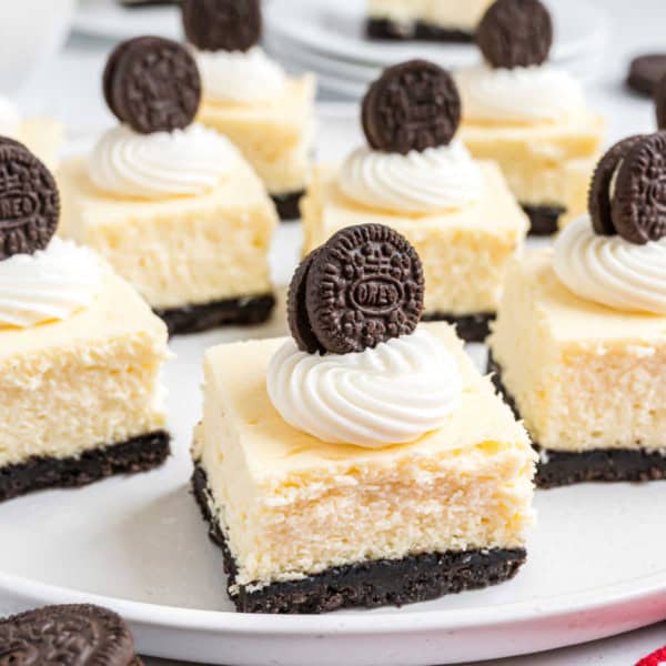 Oreo cheesecake bites featuring squares of creamy cheesecake on an Oreo cookie crust, topped with whipped cream and a mini Oreo cookie.