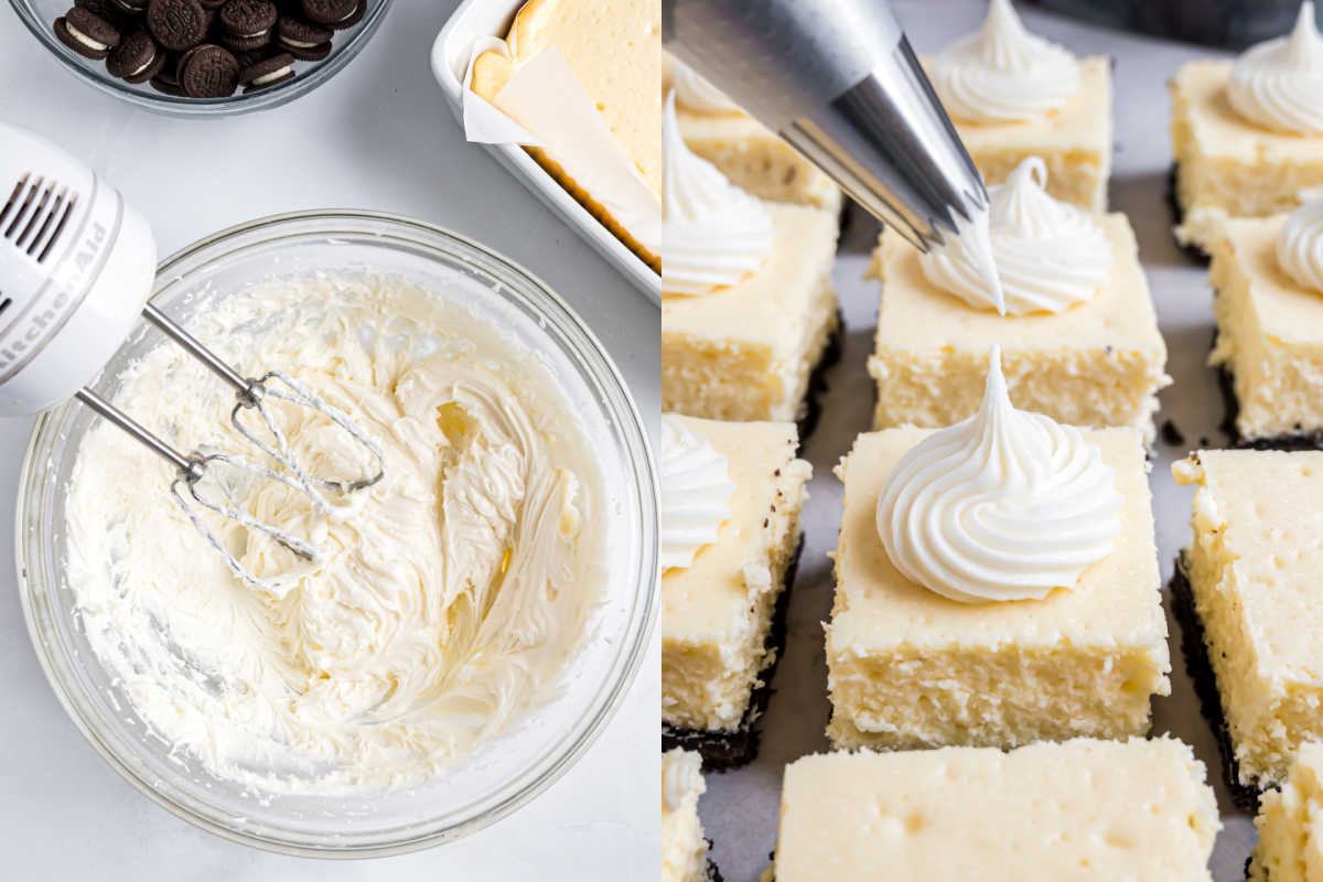 Soft whipped frosting in a bowl with a mixer, and piped onto Oreo cheesecake bites and bars in neat swirls.