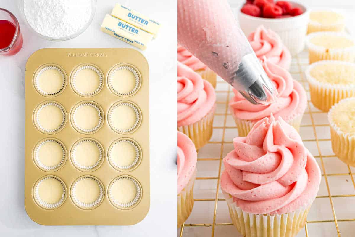 Left: Cupcake tray with batter, butter, sugar, and juice. Right: Pink frosting piped onto raspberry lemonade cupcakes.