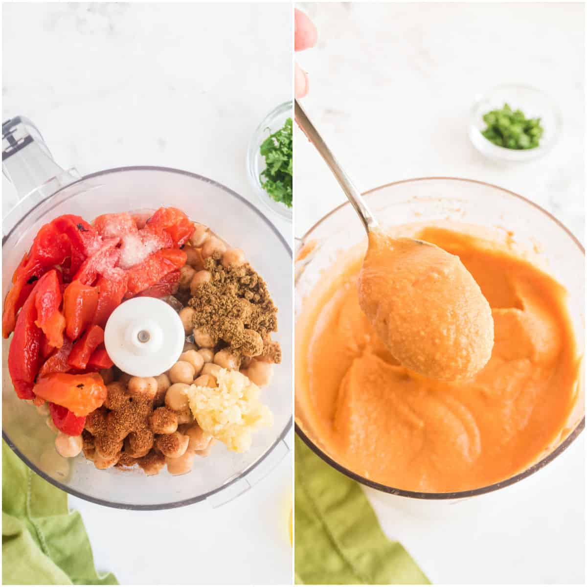 Step by step photos showing how to make roasted red pepper hummus.