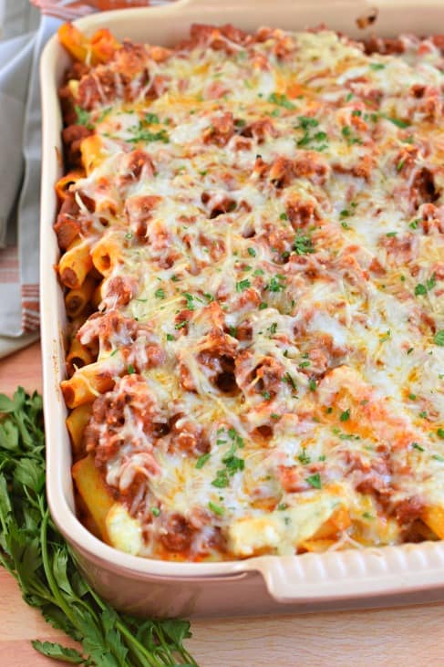 Baked Ziti in a 13x9 baking dish, cooked with cheese on top