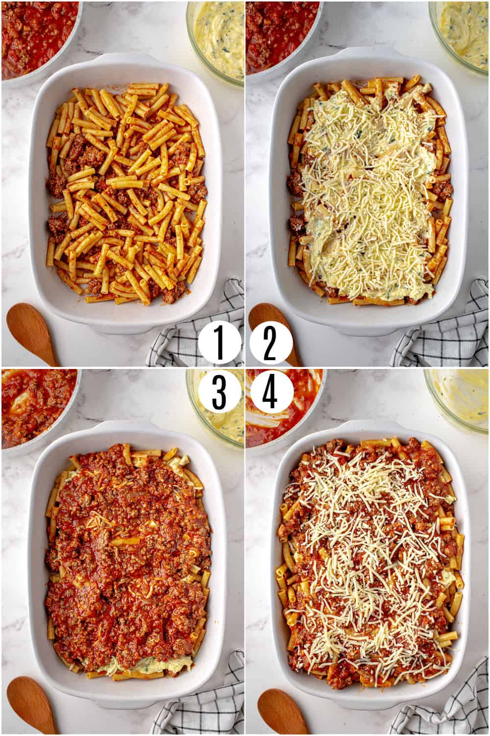 Step by step photos showing how to assemble baked ziti.