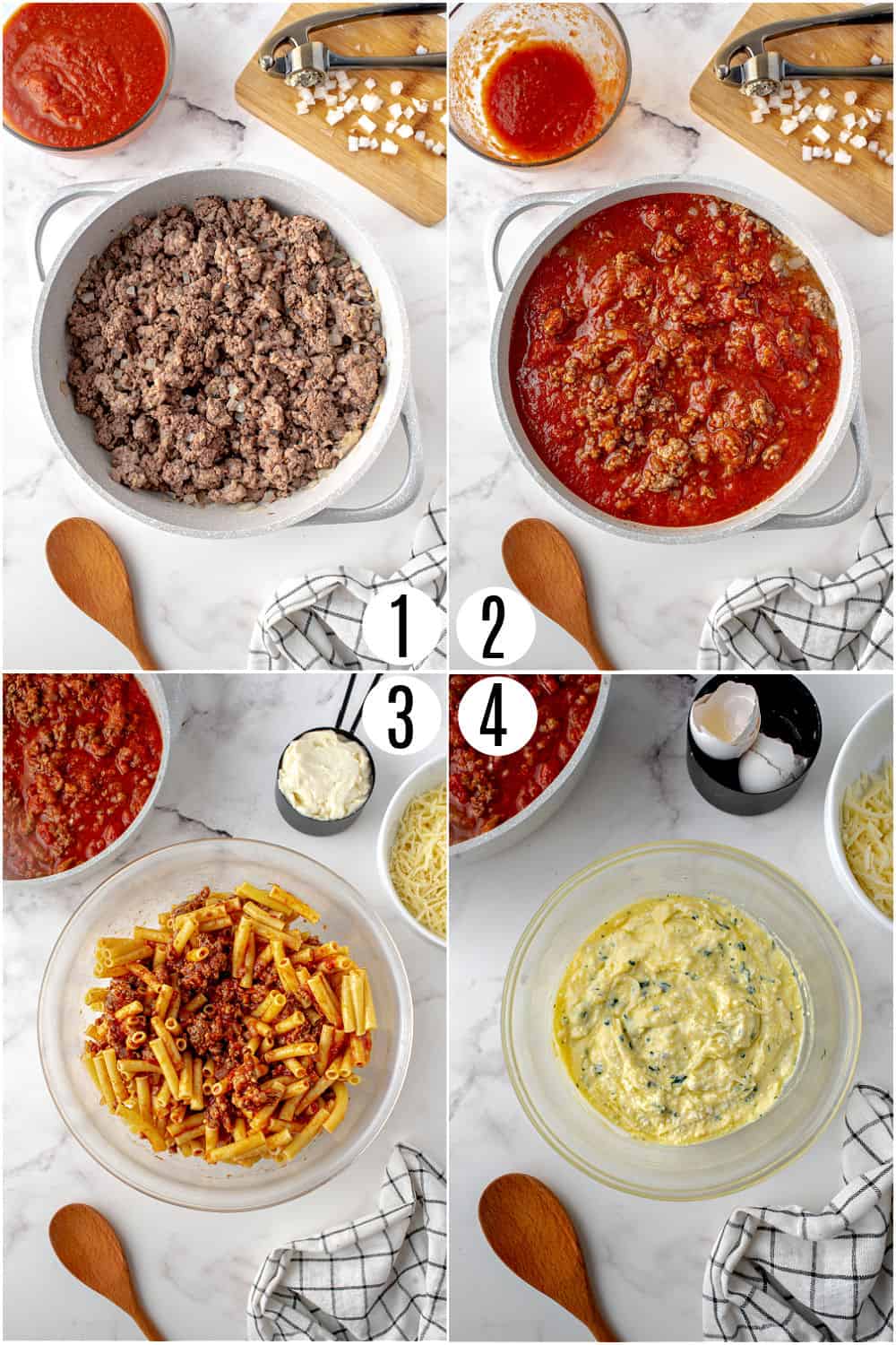 Step by step photos showing how to make baked ziti.