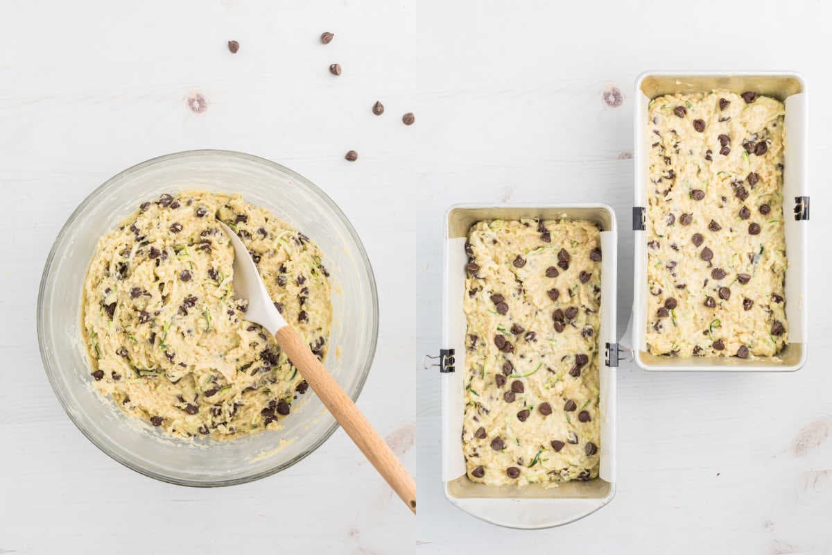 A bowl of chocolate chip zucchini bread batter with a spatula, alongside two loaf pans filled with the same delicious mixture.