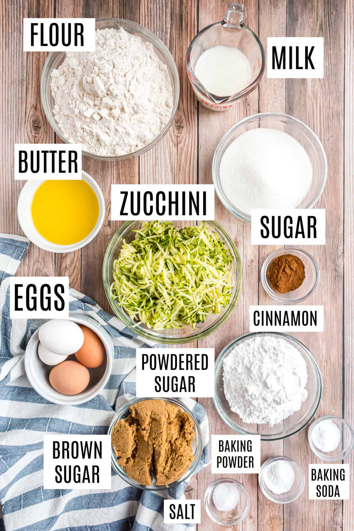 Ingredients needed to make cinnamon swirl zucchini bread.