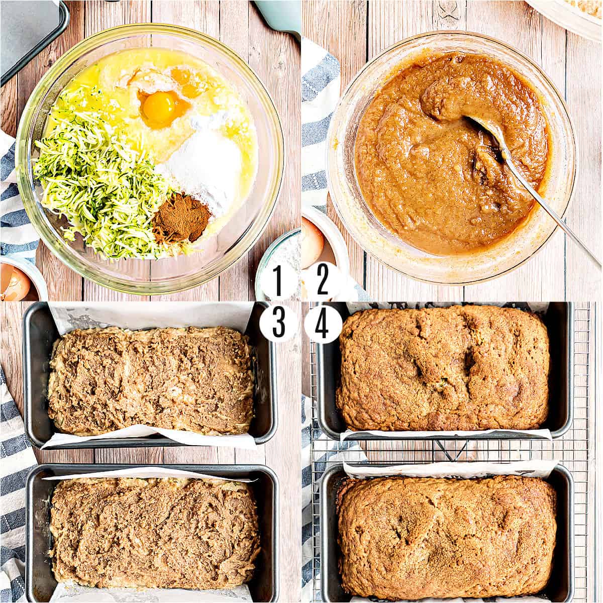 Step by step photos showing how to make cinnamon swirl zucchini bread.