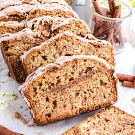 Cinnamon Swirl Zucchini Bread combines the moist texture of zucchini bread with a crumbly cinnamon coffee cake. It’s easy to mix in just a few minutes, then it’s topped off with a spiced glaze for a heavenly treat! 