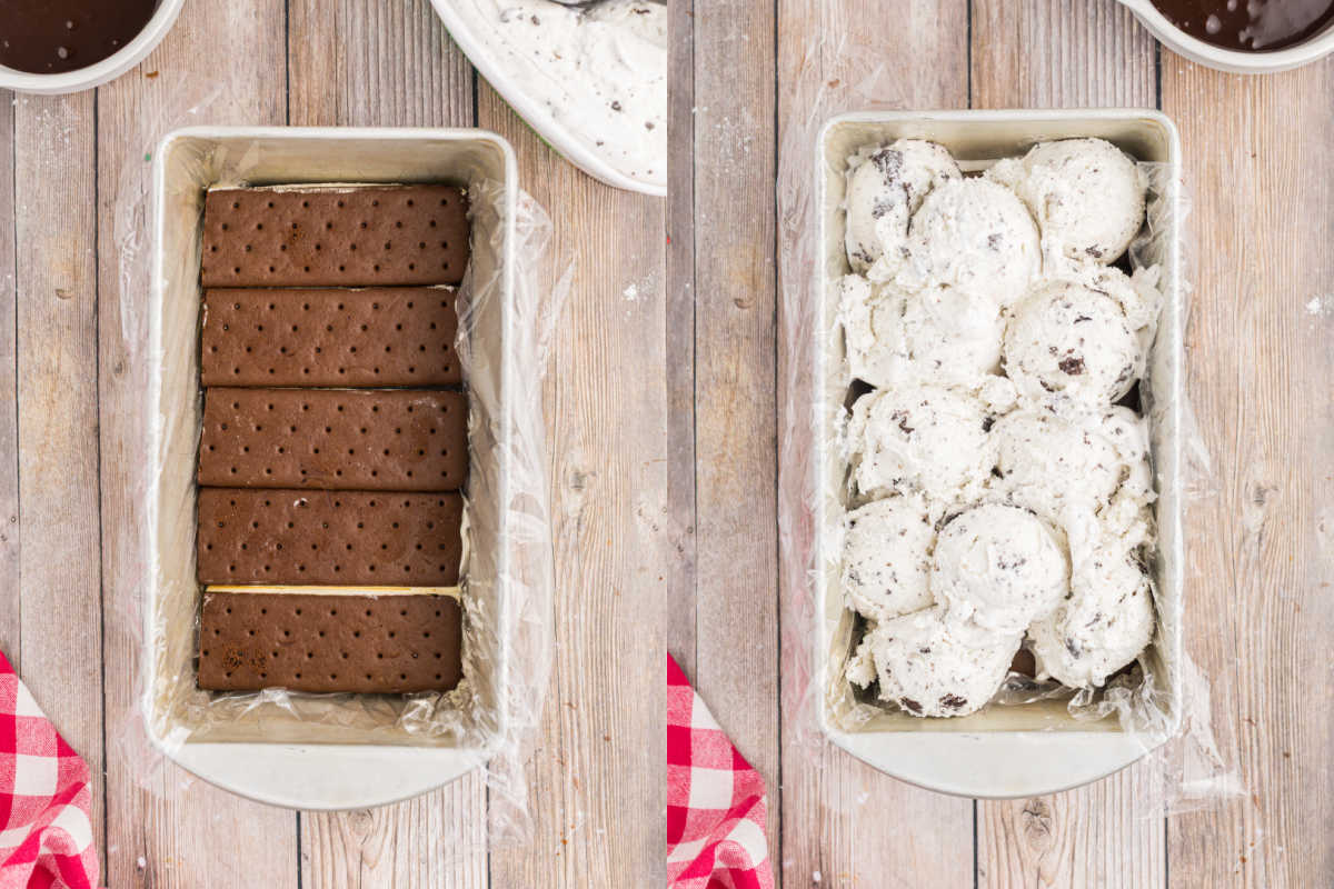 Two images: an ice cream cake made with sandwiches lined in a pan (left) and colorful ice cream scoops layered on top (right), all set on a wood surface.