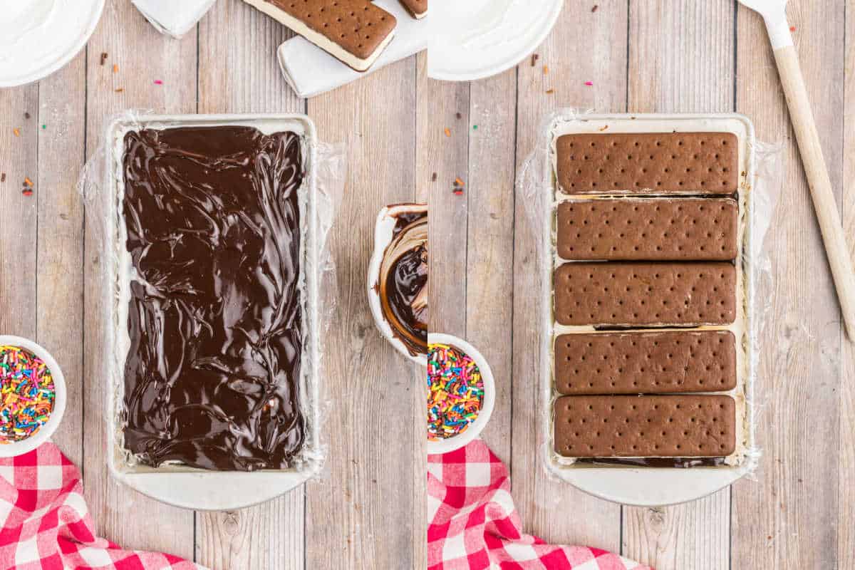 A pan with melted chocolate on the left, and ice cream sandwiches topped with chocolate on the right—perfect inspiration for your next ice cream cake creation.