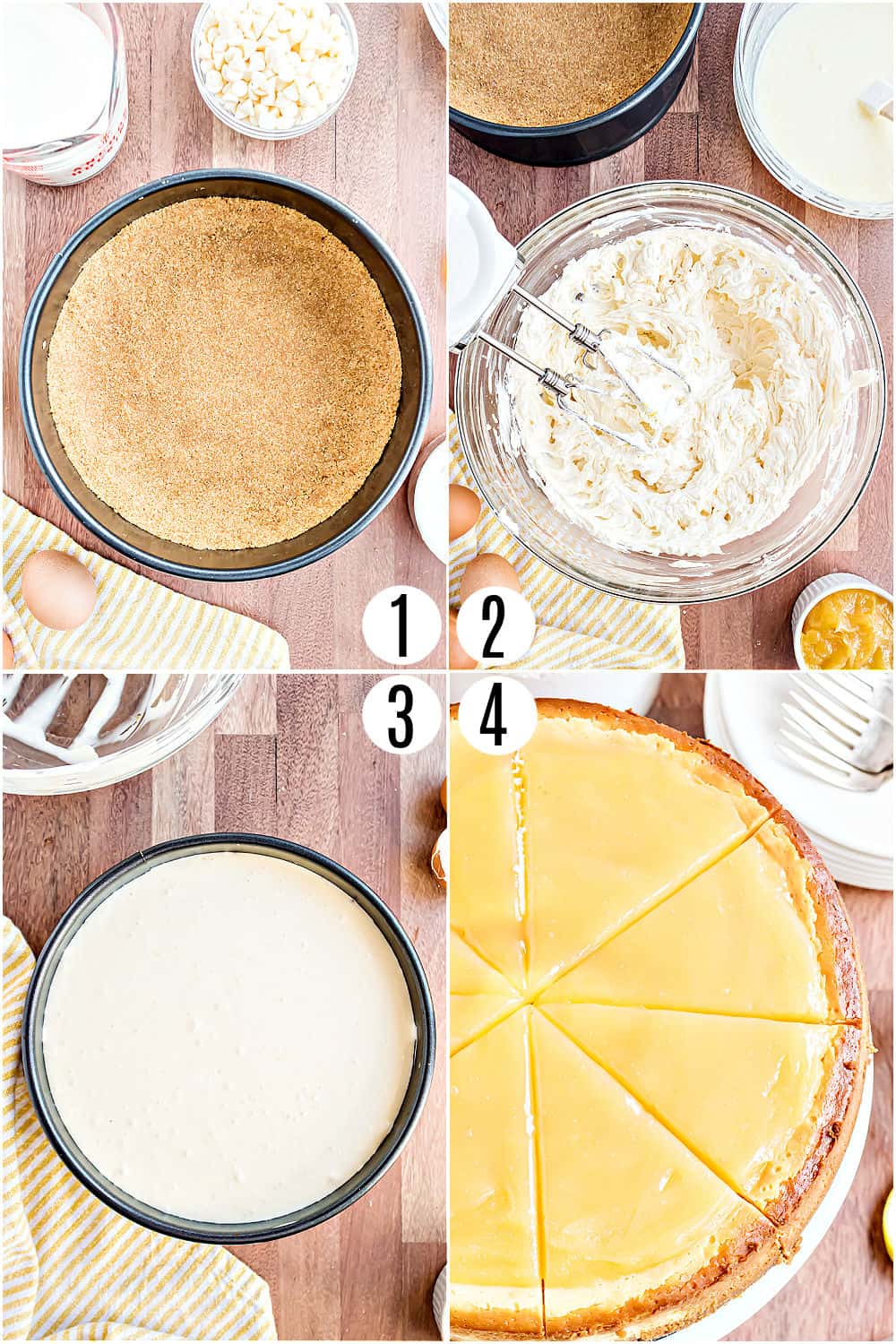 Step by step photos showing how to make lemon cheesecake.