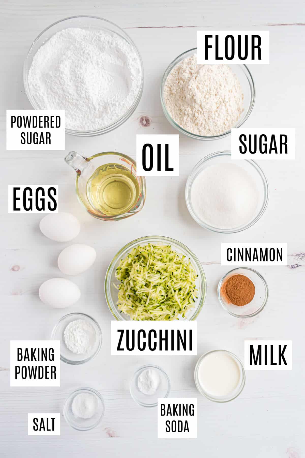 Ingredients needed to make zucchini bundt cake.