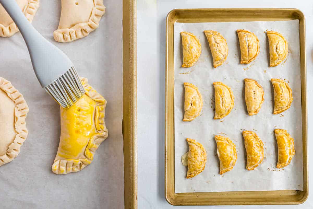 Left: Brushing egg wash on apple empanadas. Right: Baked apple empanadas on a parchment-lined baking sheet.