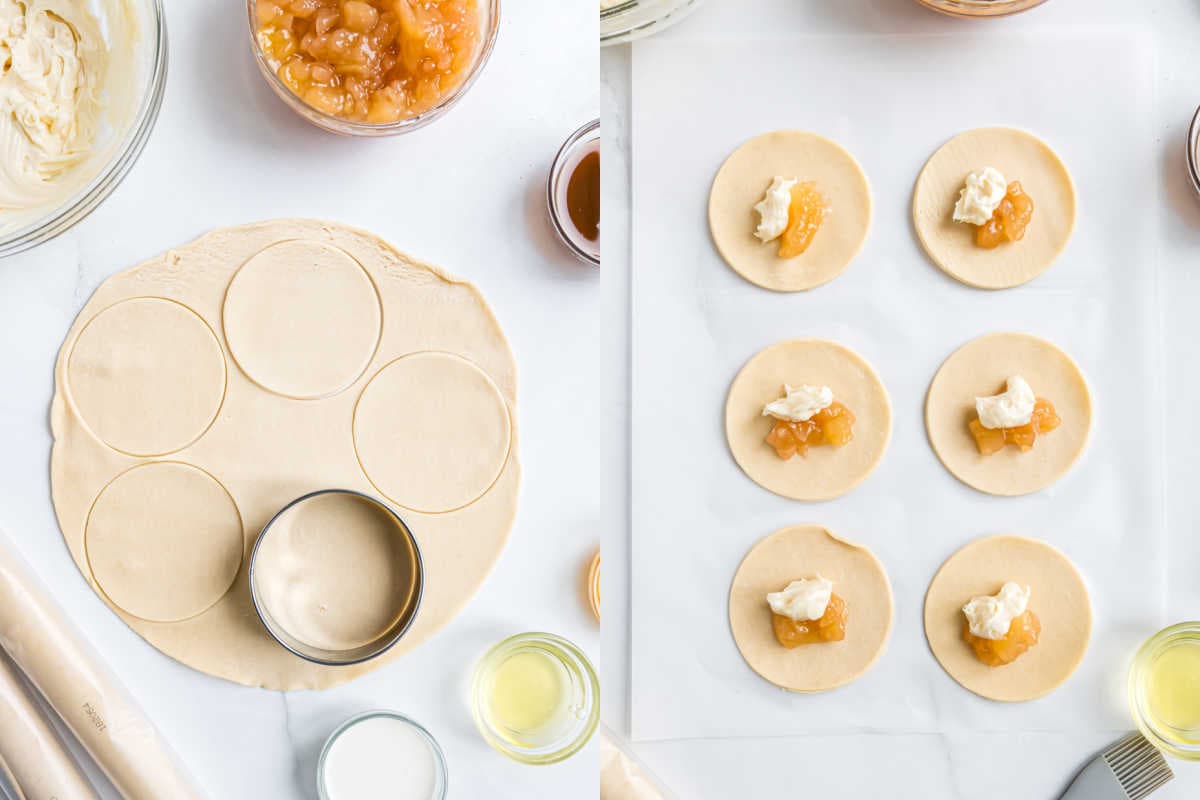 Round dough circles being filled with apple filling and cream cheese, ready for assembling delicious apple empanadas.