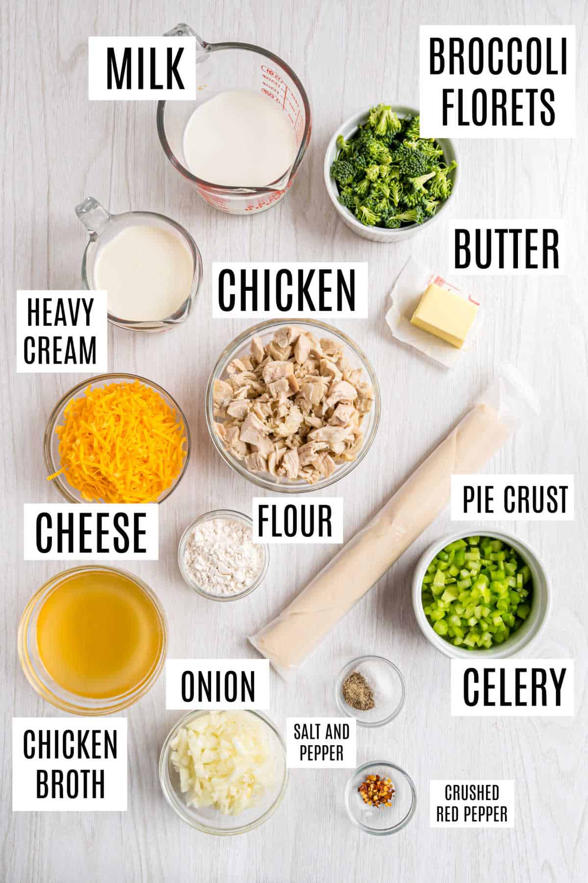 Ingredients needed for chicken pot pie soup.