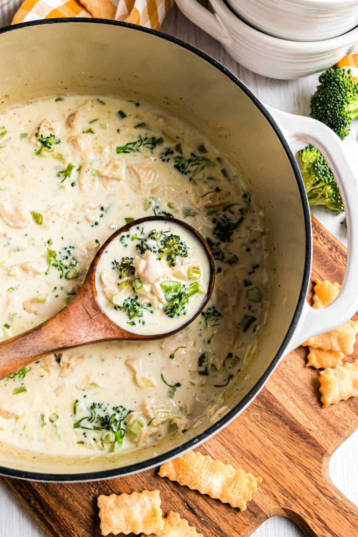 Soup pot and ladle with a creamy broccoli chicken soup.