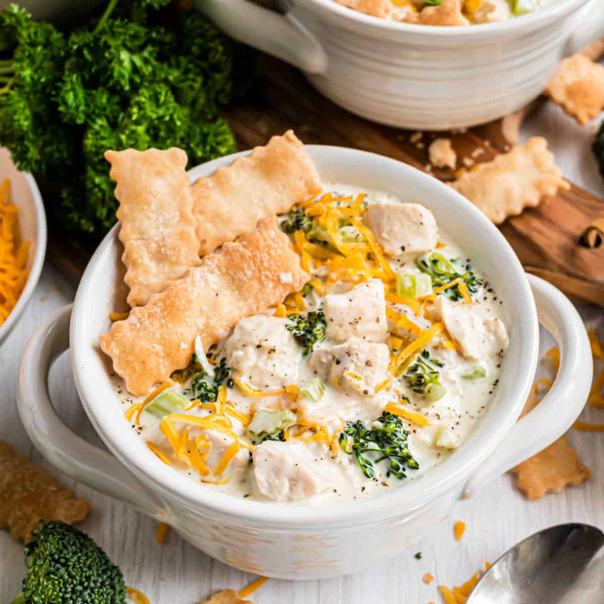 Chicken Pot Pie Soup is the ultimate comfort food dinner in an easy to serve bowl. You’ll love this cozy soup recipe with buttery pie crust dippers! Ready in under 30 minutes!