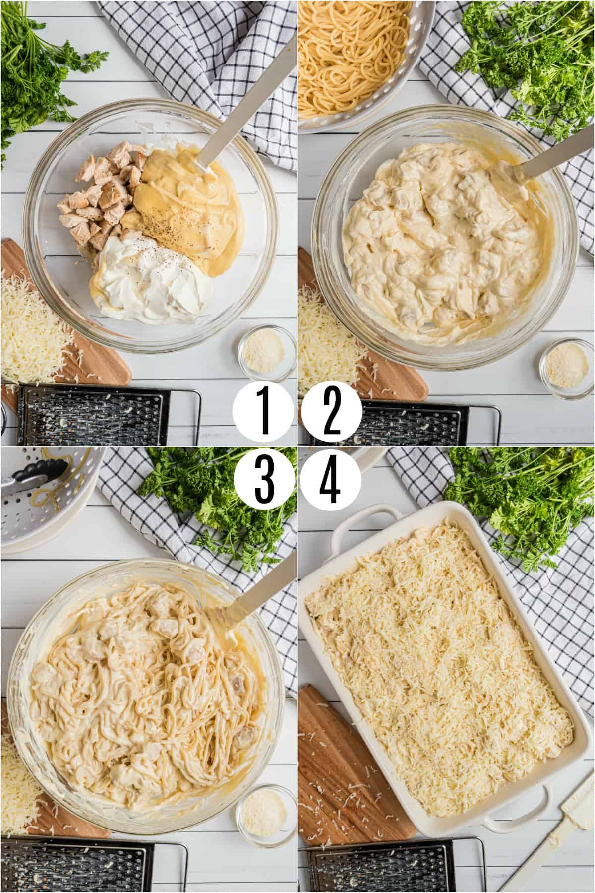 Step by step photos showing how to make Chicken Tetrazzini.