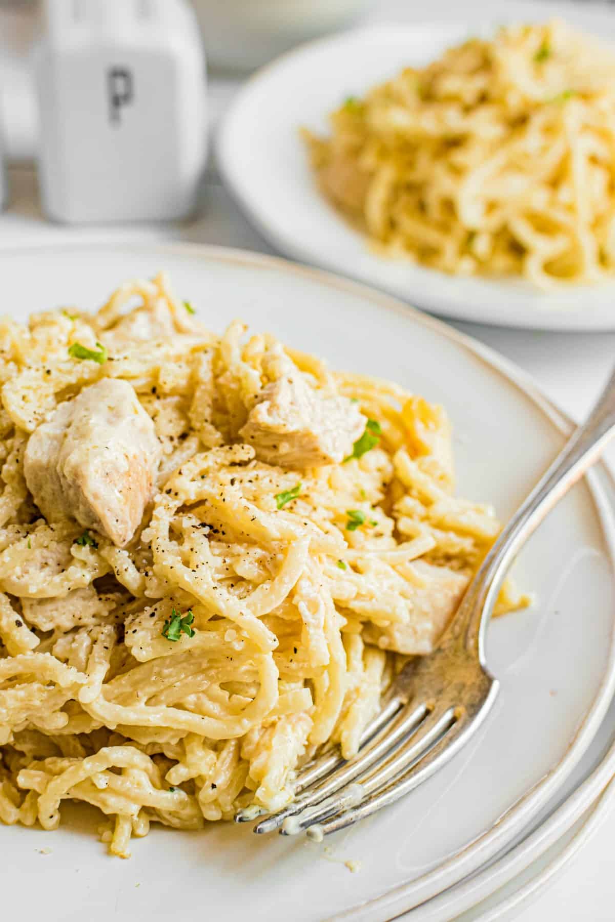 Chicken tetrazzini scooped onto a white dinner plate with silver fork.