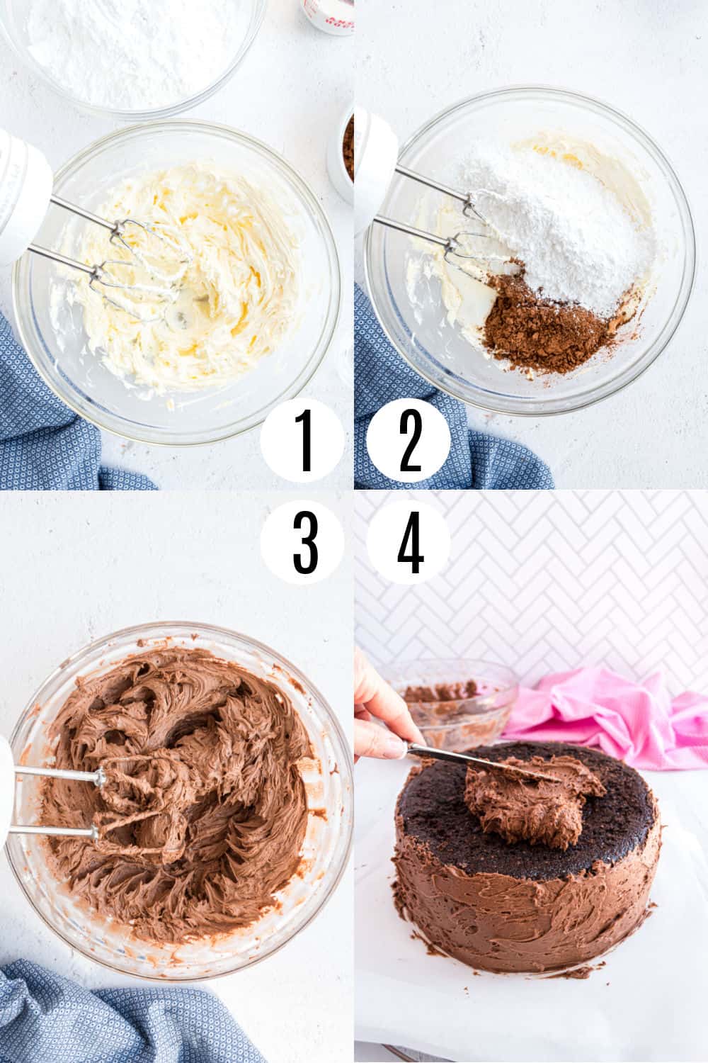 Step by step photos showing how to make chocolate buttercream frosting.