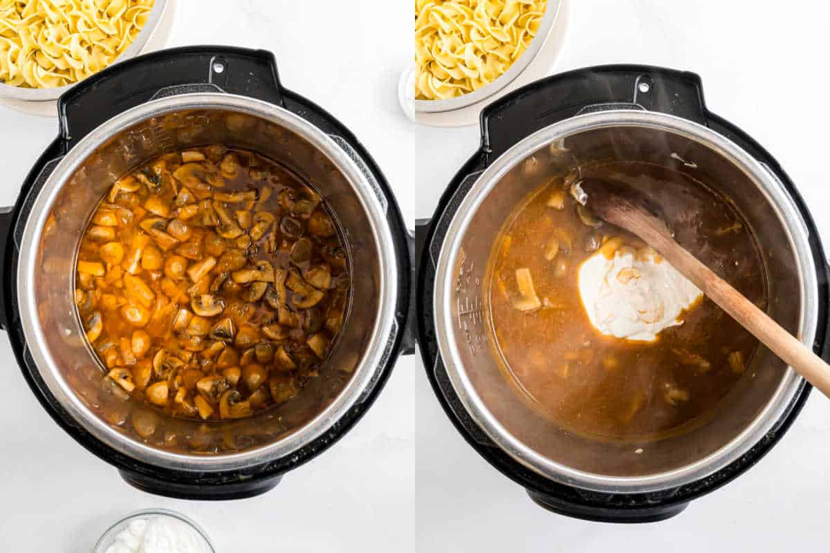 Left: mushroom sauce in Instant Pot; right: sour cream being stirred into beef stroganoff sauce with a wooden spoon.