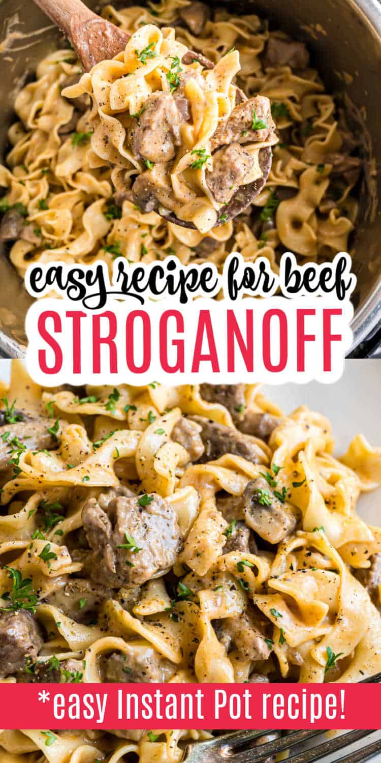 Traditional beef stroganoff with noodles and creamy sauce, garnished with fresh parsley, served both in a pot and elegantly plated, makes for a comforting and delicious meal.