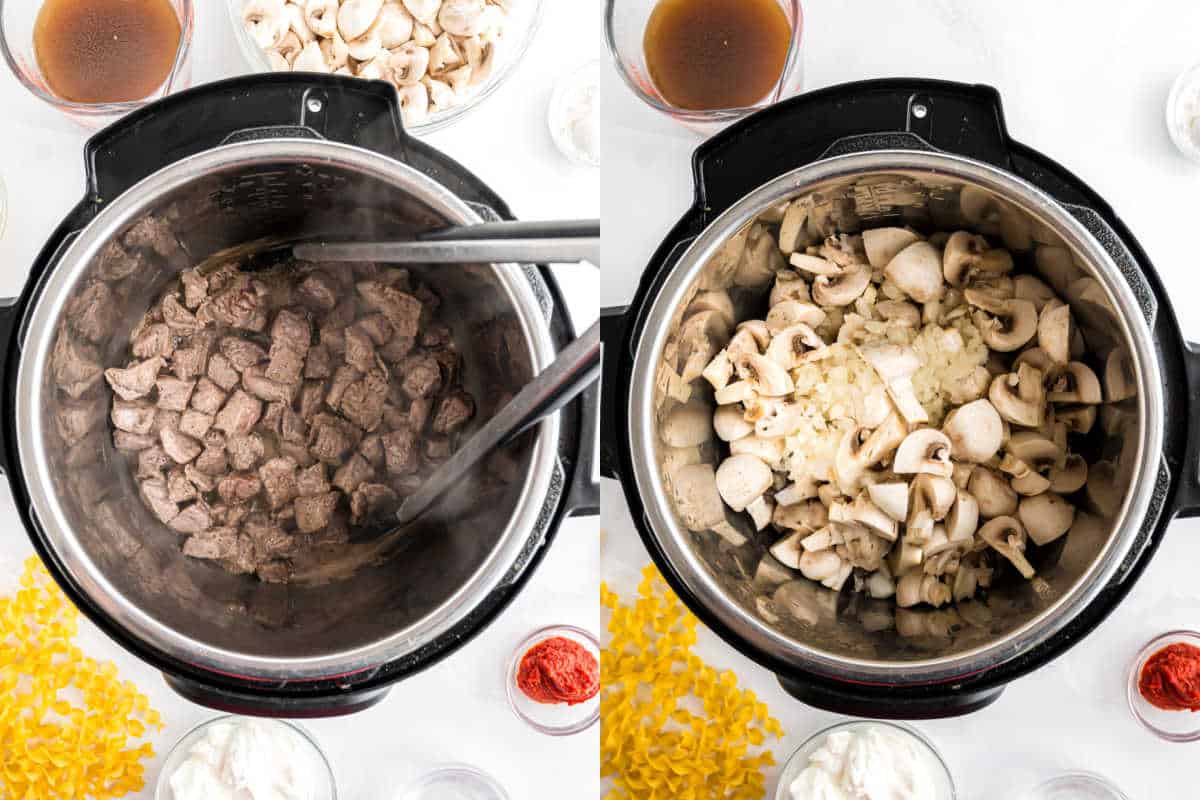 Split image: left shows beef searing in an Instant Pot for beef stroganoff; right shows mushrooms and onions being added.