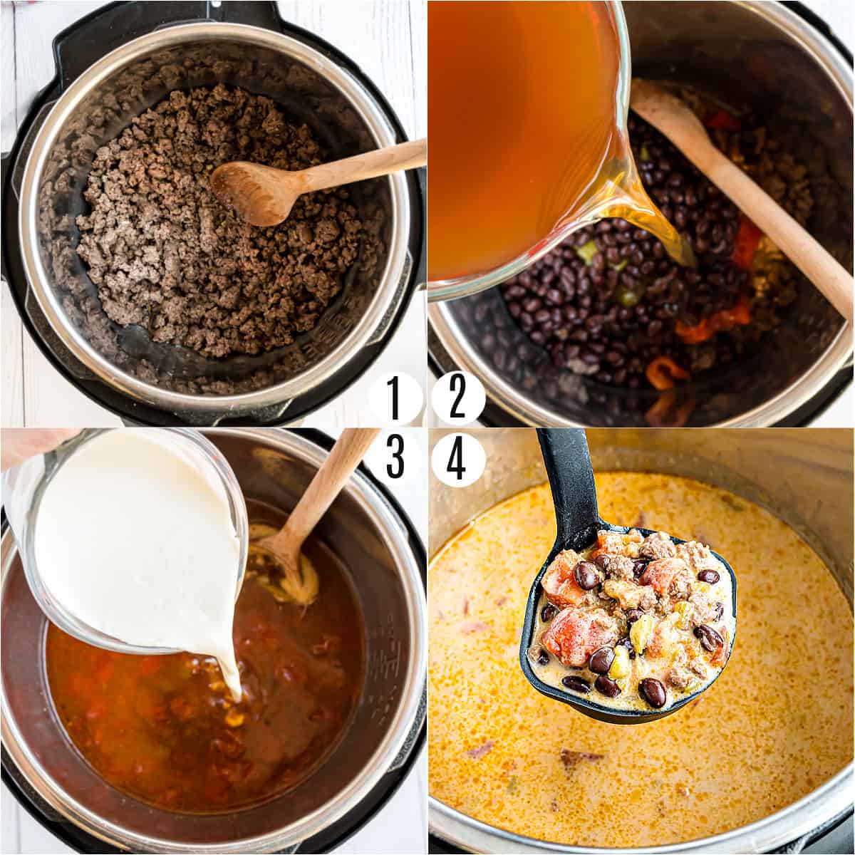 Step by step photos showing how to make taco soup in the pressure cooker.