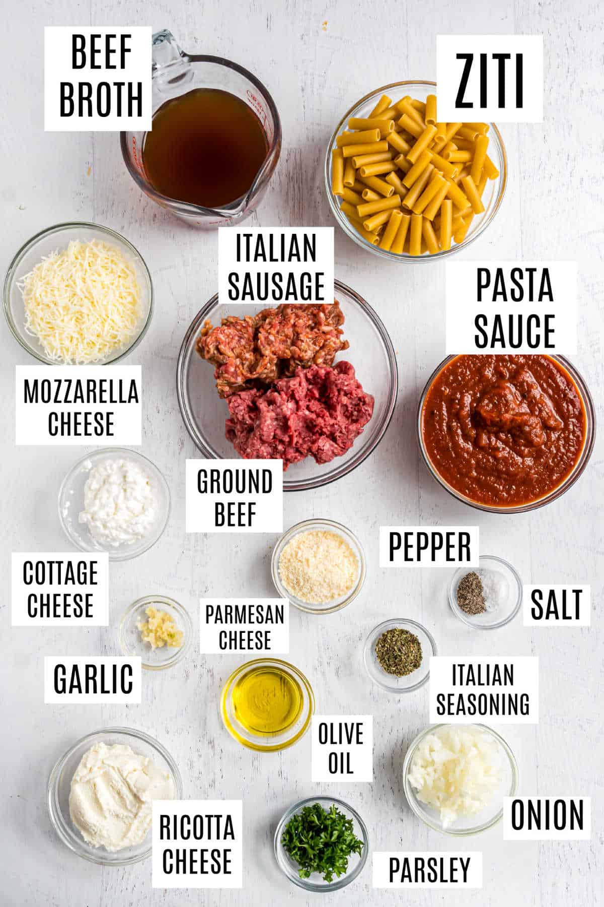 Ingredients needed to make ziti in the pressure cooker.