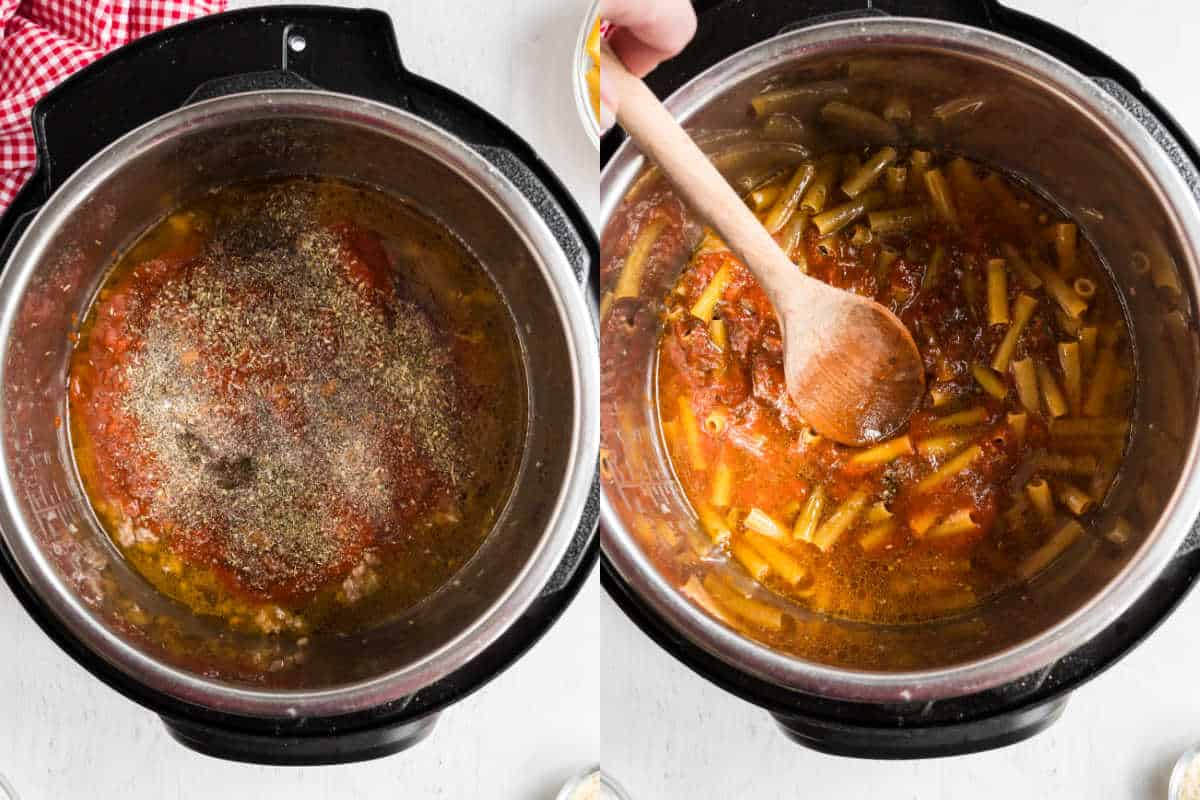 Step by step photos showing how to layer ziti in the instant pot.
