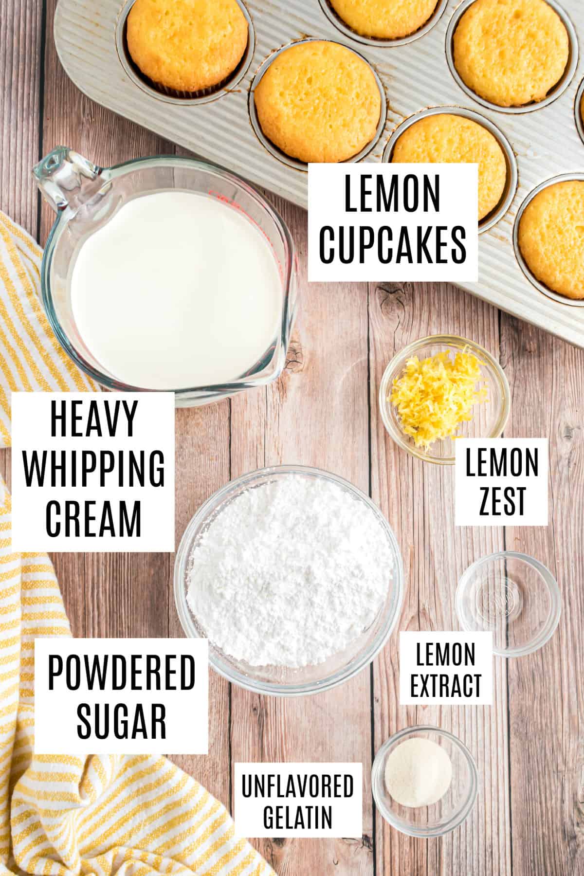 Ingredients needed to make lemon whipped cream frosting.