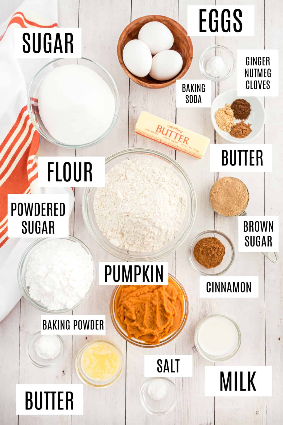 Ingredients needed to make a pumpkin coffee cake with streusel.