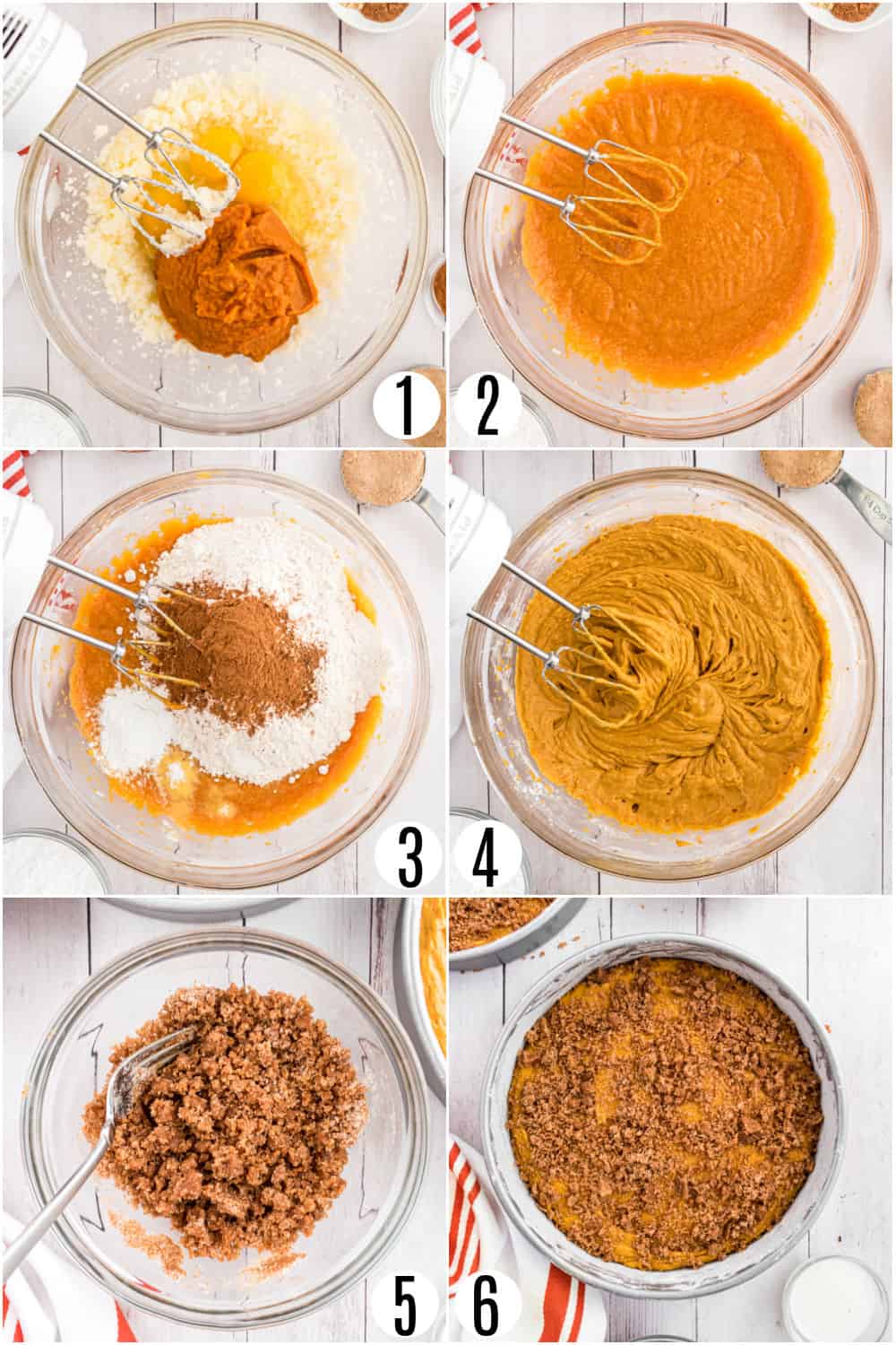 Step by step photos showing how to make pumpkin coffee cakes.