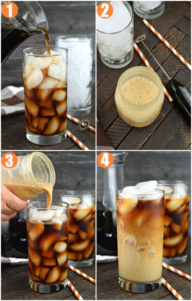 Step by step photo collage on how to make pumpkin cream cold brew.