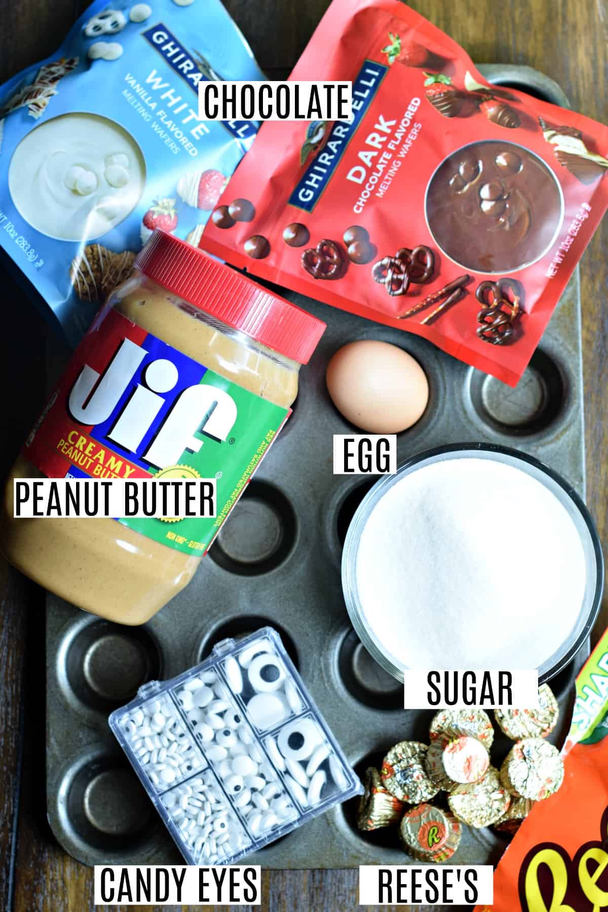 Ingredients needed to make 3 ingredient peanut butter cookies for Halloween.