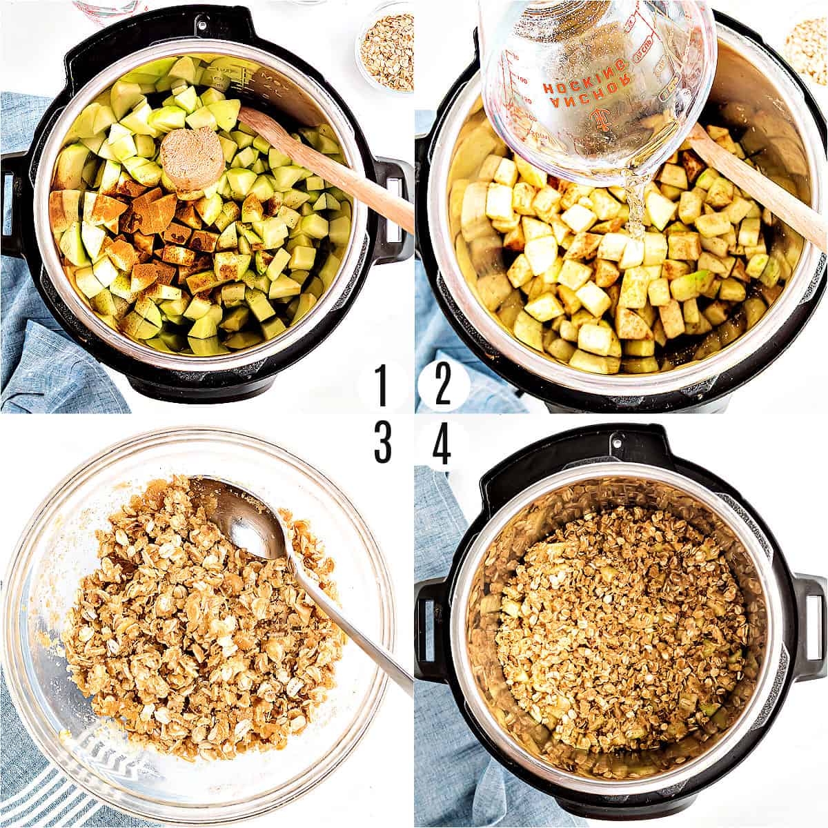 Step by step photos showing how to make Instant Pot Apple Crisp.